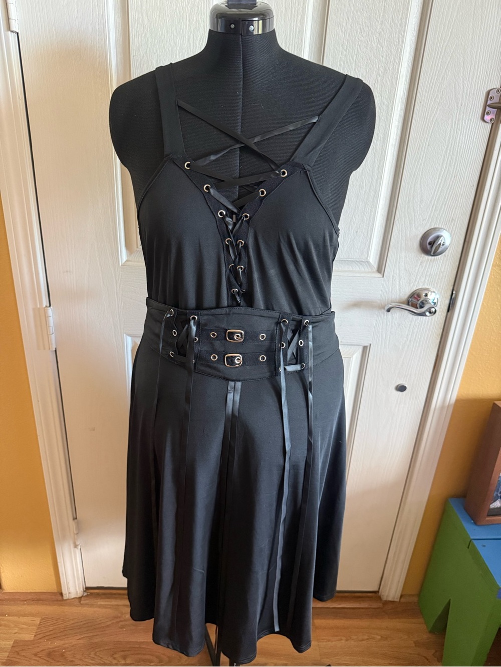 Black Lace-Up Strappy Midi Dress with Corset Waist